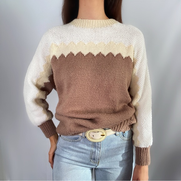 Vintage Sweaters - Vintage 70s handmade knit crochet sweater Colorblock long sleeve